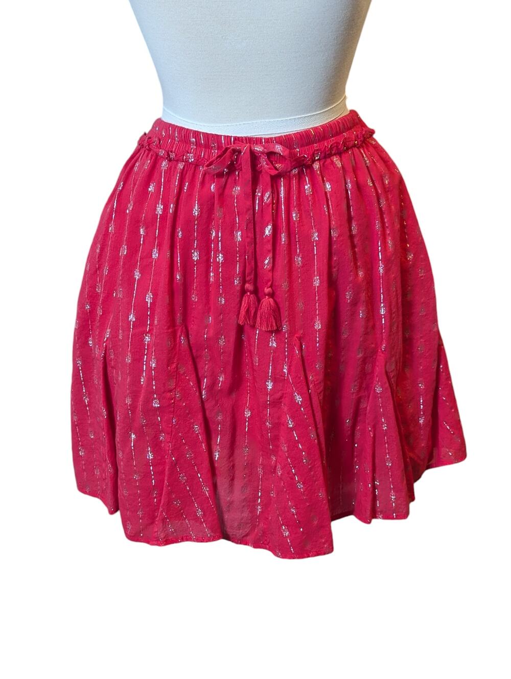Crown & Ivy Medium Coral Lined Skirt Metallic Pattern Drawstring Tassels